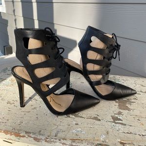 Jessica Simpson black leather caged tie up heels 4 “ size 8 1/2 M